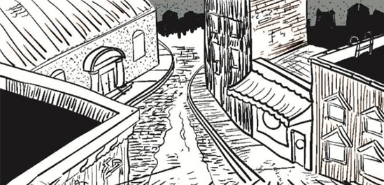comic-book-style illustration of buildings lining a cobblestone street